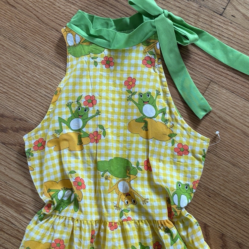 VINTAGE 60s 70s Miss B Shift Dress Size 10 Yellow Gingham Adorable Frogs Teen SZ - Picture 2 of 9
